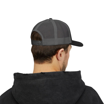 DEM Logo Snapback Trucker Cap — Red Mesh Baseball Hat Printify