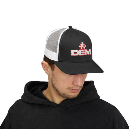 Copy of DEM Logo Snapback Trucker Cap — Red Mesh Baseball Hat Printify