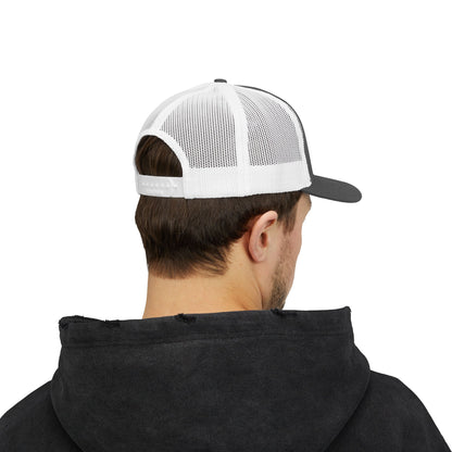 DEM Logo Snapback Trucker Cap — Red Mesh Baseball Hat Printify