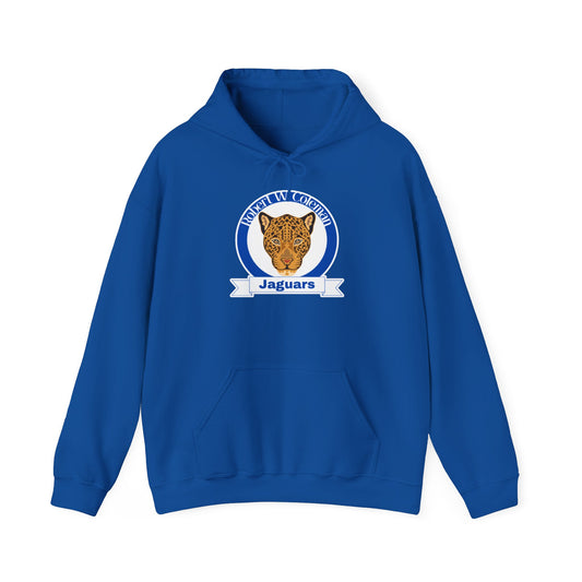 Coleman Jaguars Mascot Hoodie — Retro Blue Crest School Spirit Sweatshirt Printify