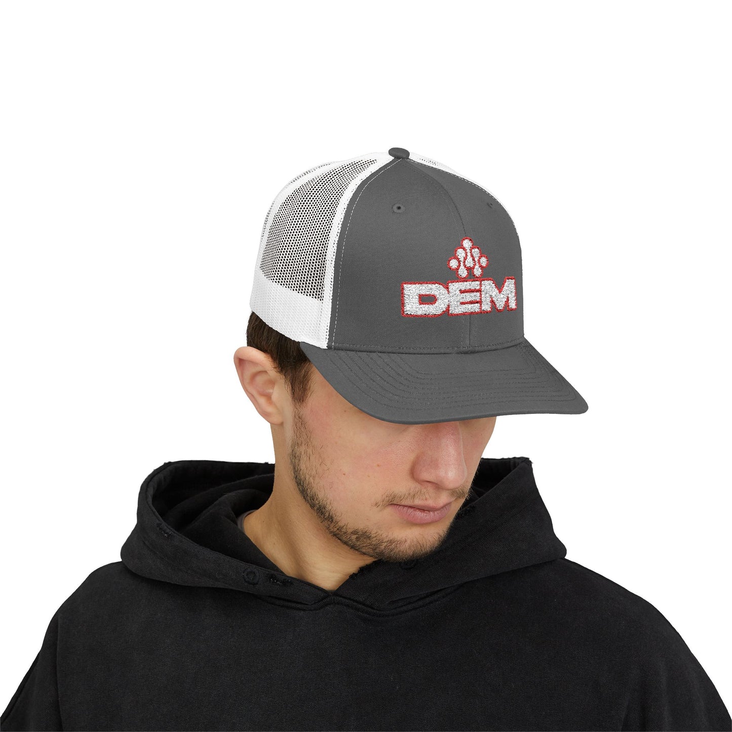 Copy of DEM Logo Snapback Trucker Cap — Red Mesh Baseball Hat Printify