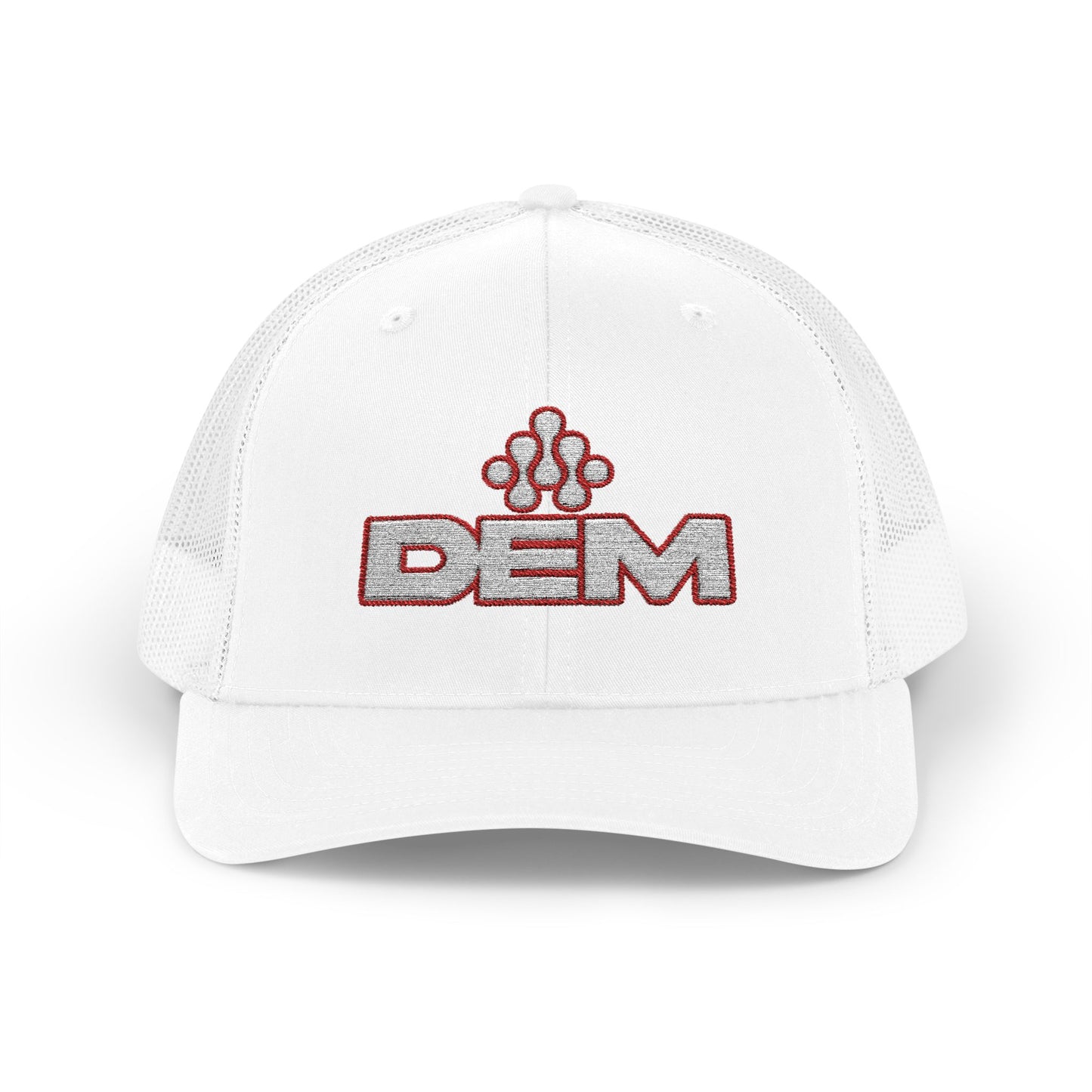 Copy of DEM Logo Snapback Trucker Cap — Red Mesh Baseball Hat Printify