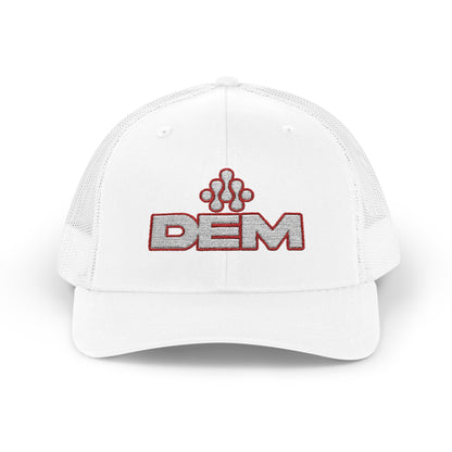 Copy of DEM Logo Snapback Trucker Cap — Red Mesh Baseball Hat Printify