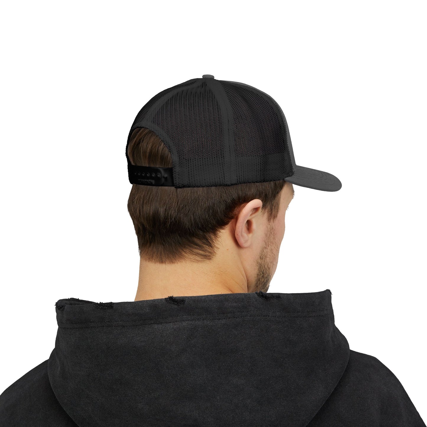 DEM Logo Snapback Trucker Cap — Red Mesh Baseball Hat Printify