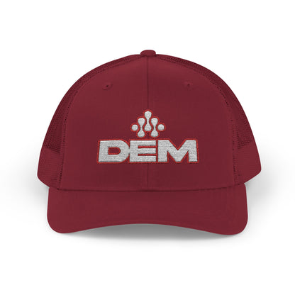 Copy of DEM Logo Snapback Trucker Cap — Red Mesh Baseball Hat Printify