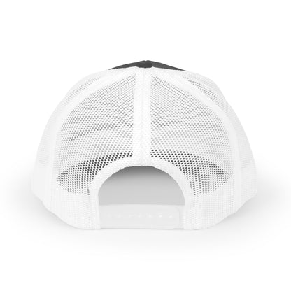 DEM Logo Snapback Trucker Cap — Red Mesh Baseball Hat Printify