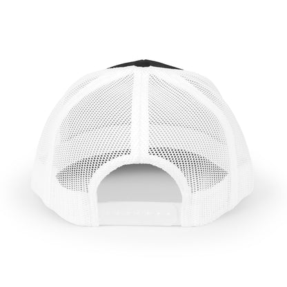 DEM Logo Snapback Trucker Cap — Red Mesh Baseball Hat Printify