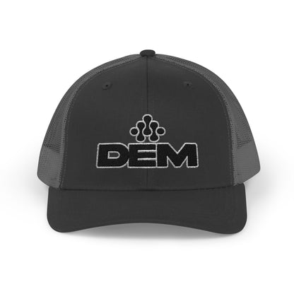 DEM Logo Snapback Trucker Cap — Red Mesh Baseball Hat Printify