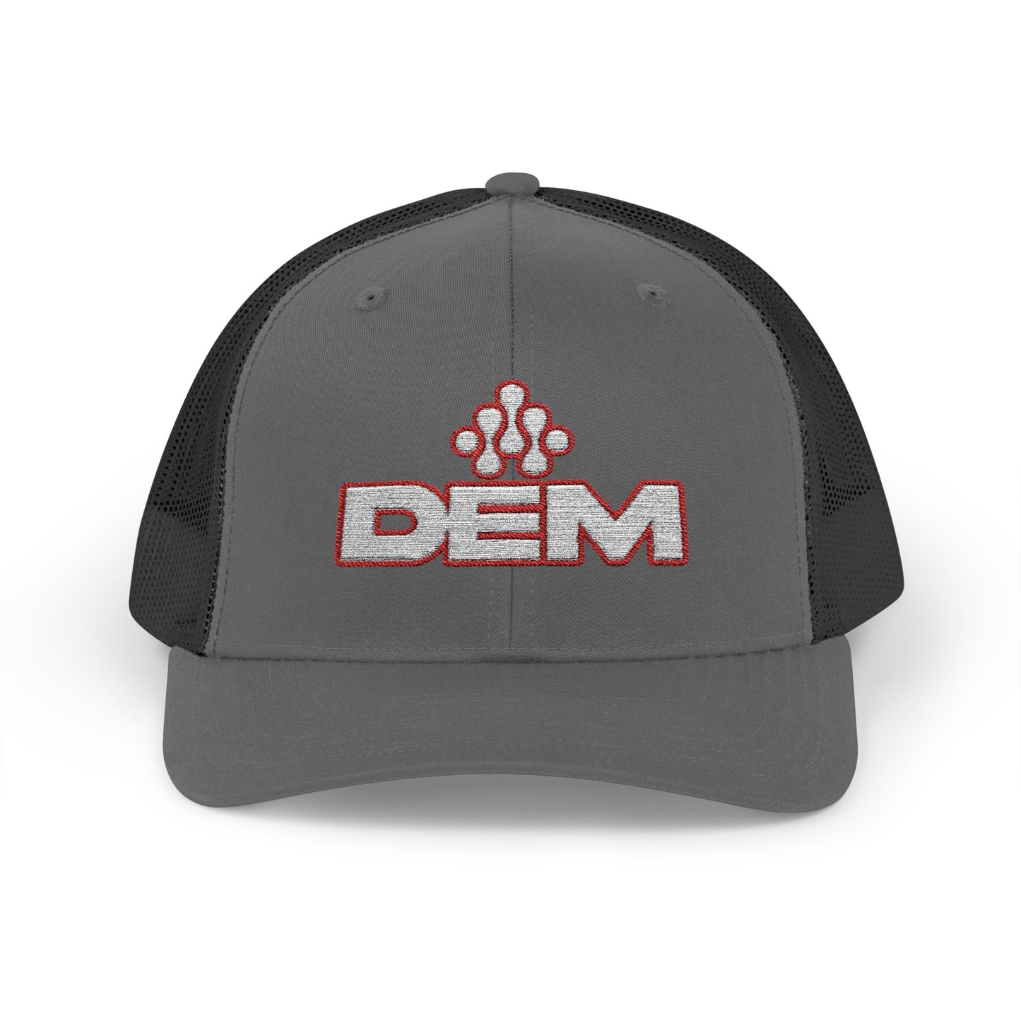Copy of DEM Logo Snapback Trucker Cap — Red Mesh Baseball Hat Printify
