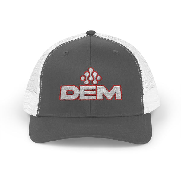 Copy of DEM Logo Snapback Trucker Cap — Red Mesh Baseball Hat