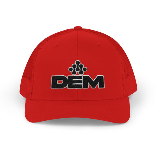 DEM Logo Snapback Trucker Cap — Red Mesh Baseball Hat - Lasercraft Design