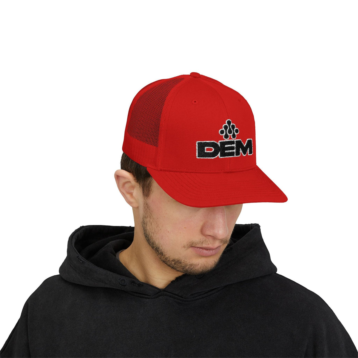 DEM Logo Snapback Trucker Cap — Red Mesh Baseball Hat - Lasercraft Design